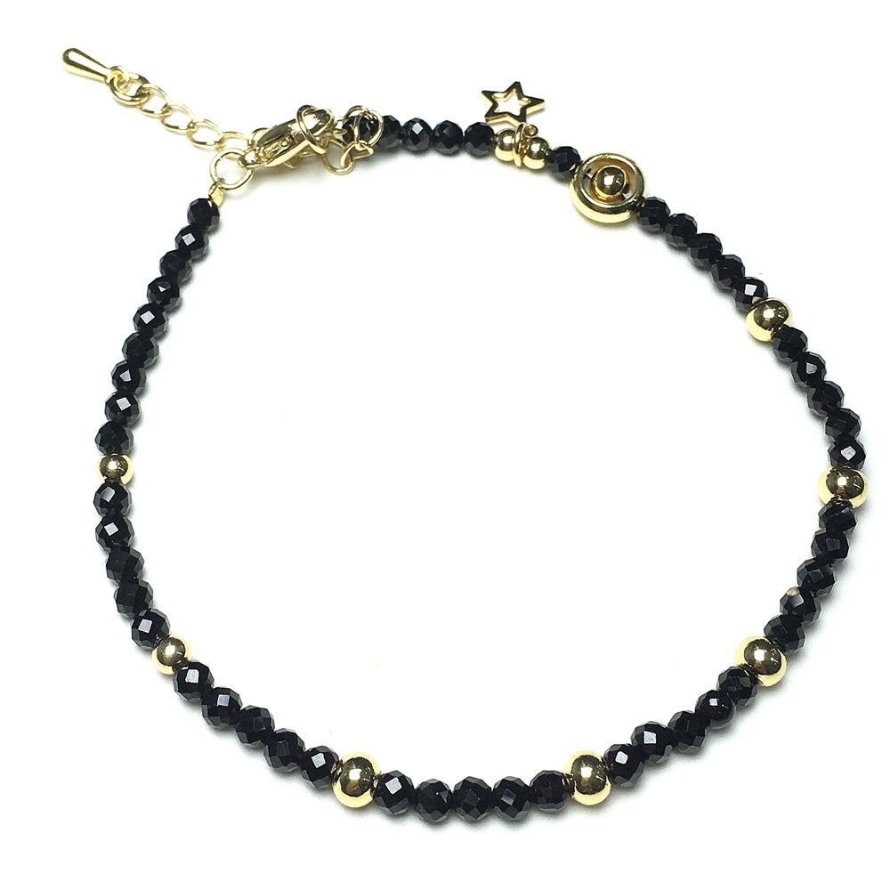 Black Spinel Gemstone Adjustable Tiny Beads Gemstone Bracelet with Love Heart Charm