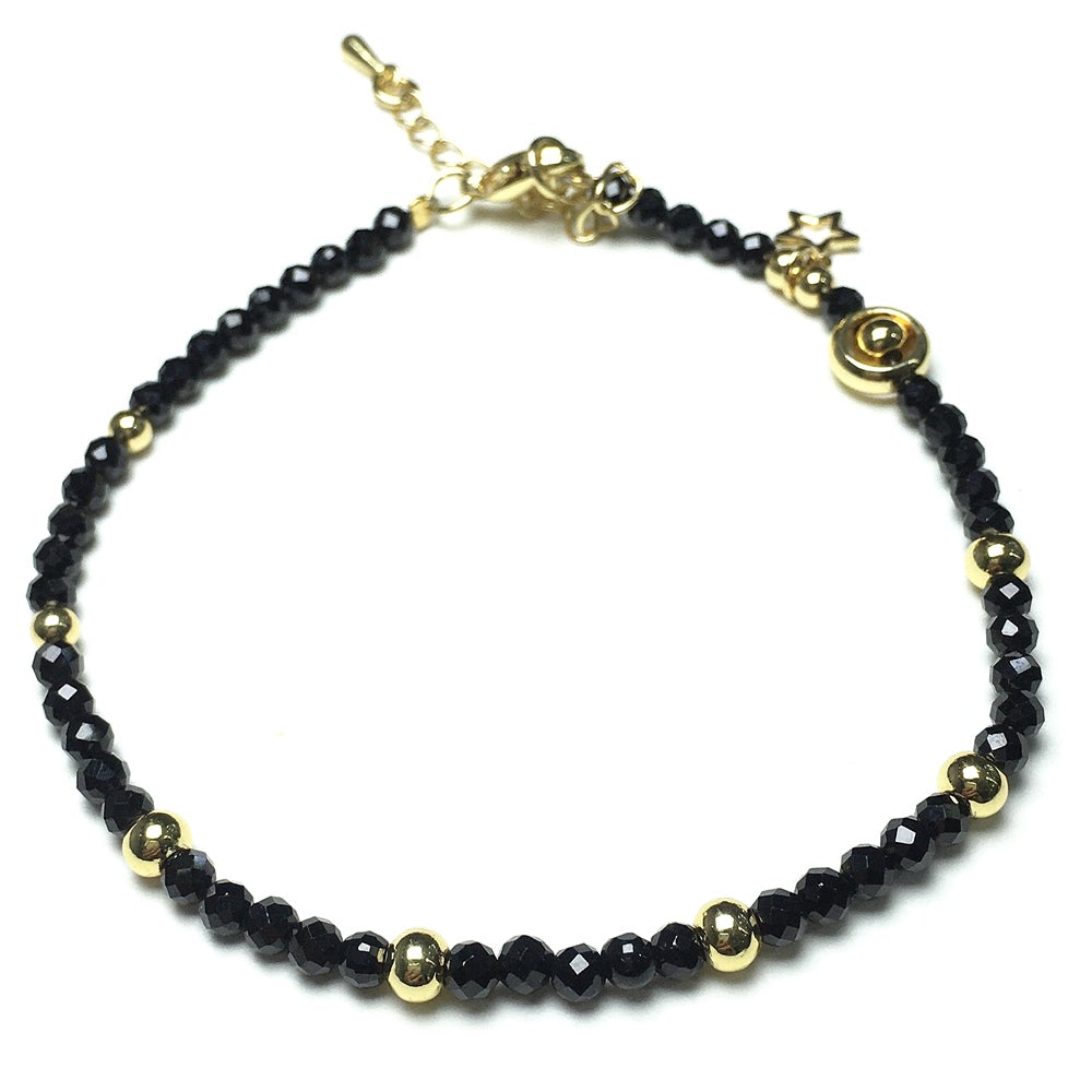 Black Spinel Gemstone Adjustable Tiny Beads Gemstone Bracelet with Love Heart Charm