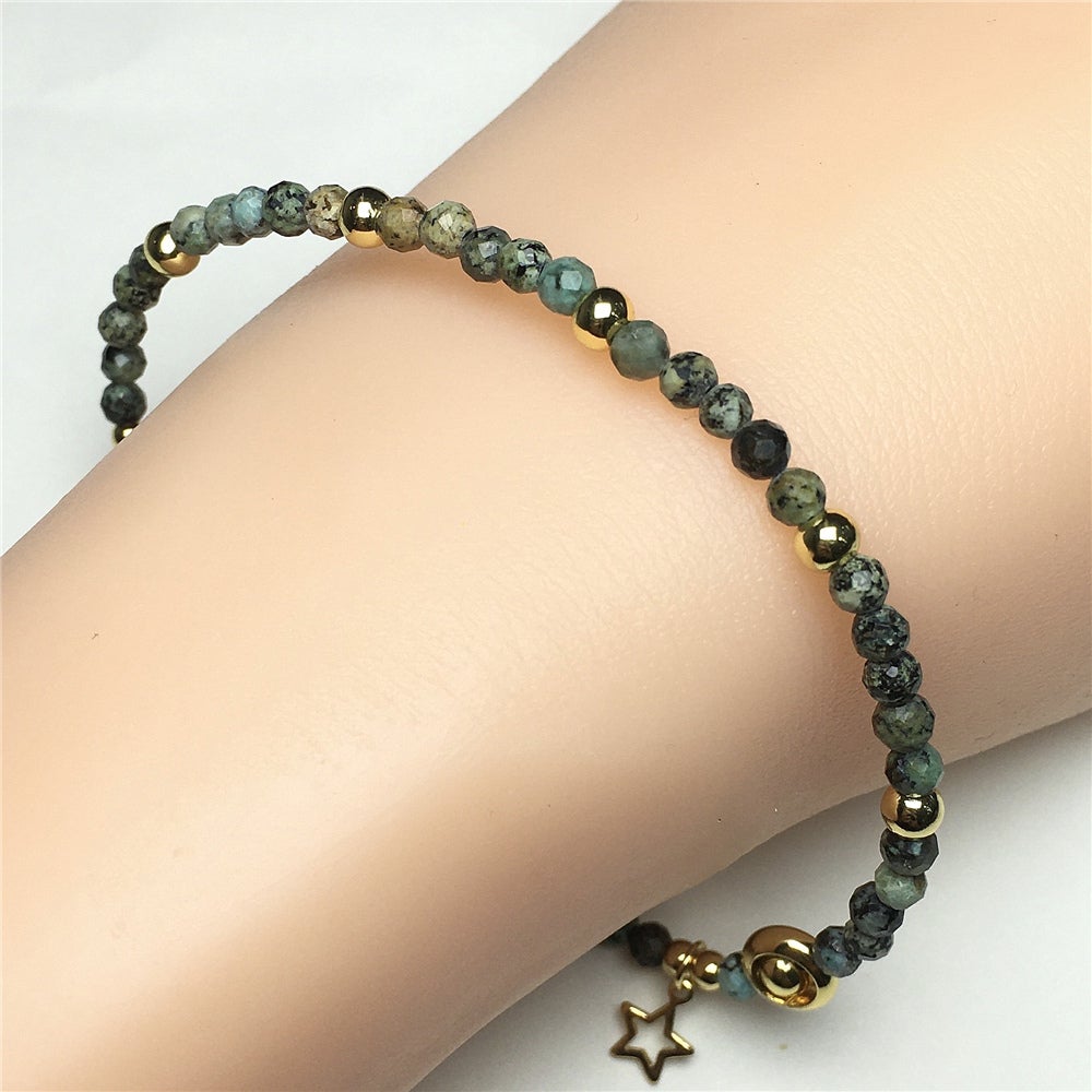 African Turquoise Gemstone Adjustable Tiny Beads Gemstone Bracelet with Love Heart Charm
