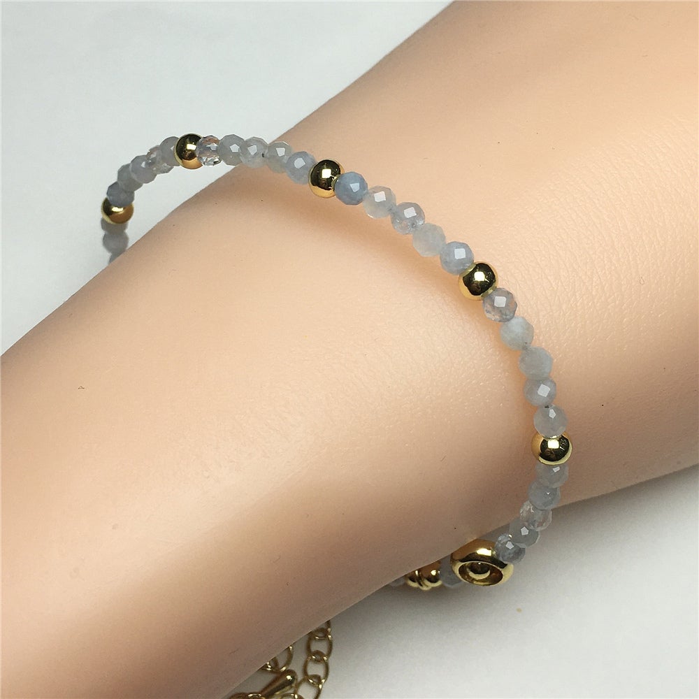 Aquamarine Gemstone Adjustable Tiny Beads Gemstone Bracelet with Love Heart Charm