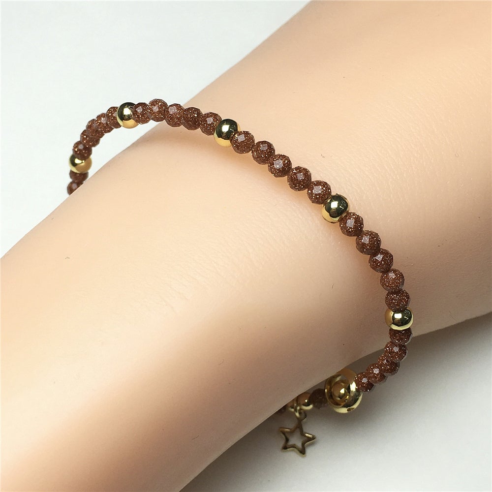 Gold Sandstone Gemstone Adjustable Tiny Beads Gemstone Bracelet with Love Heart Charm
