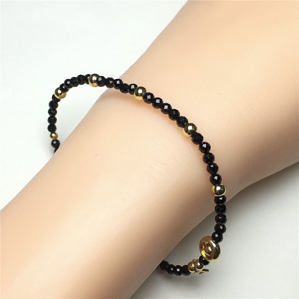 Black Spinel Gemstone Adjustable Tiny Beads Gemstone Bracelet with Love Heart Charm