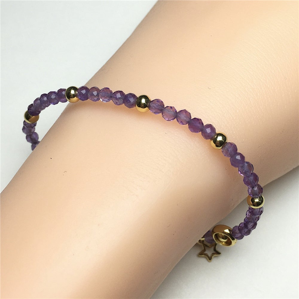 Amethyst Gemstone Adjustable Tiny Beads Gemstone Bracelet with Love Heart Charm