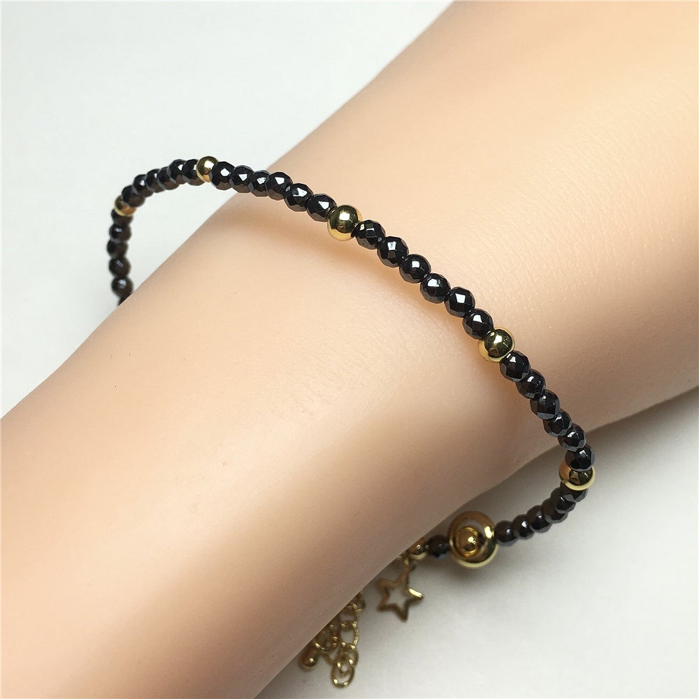 Hematite Gemstone Adjustable Tiny Beads Gemstone Bracelet with Star Charm