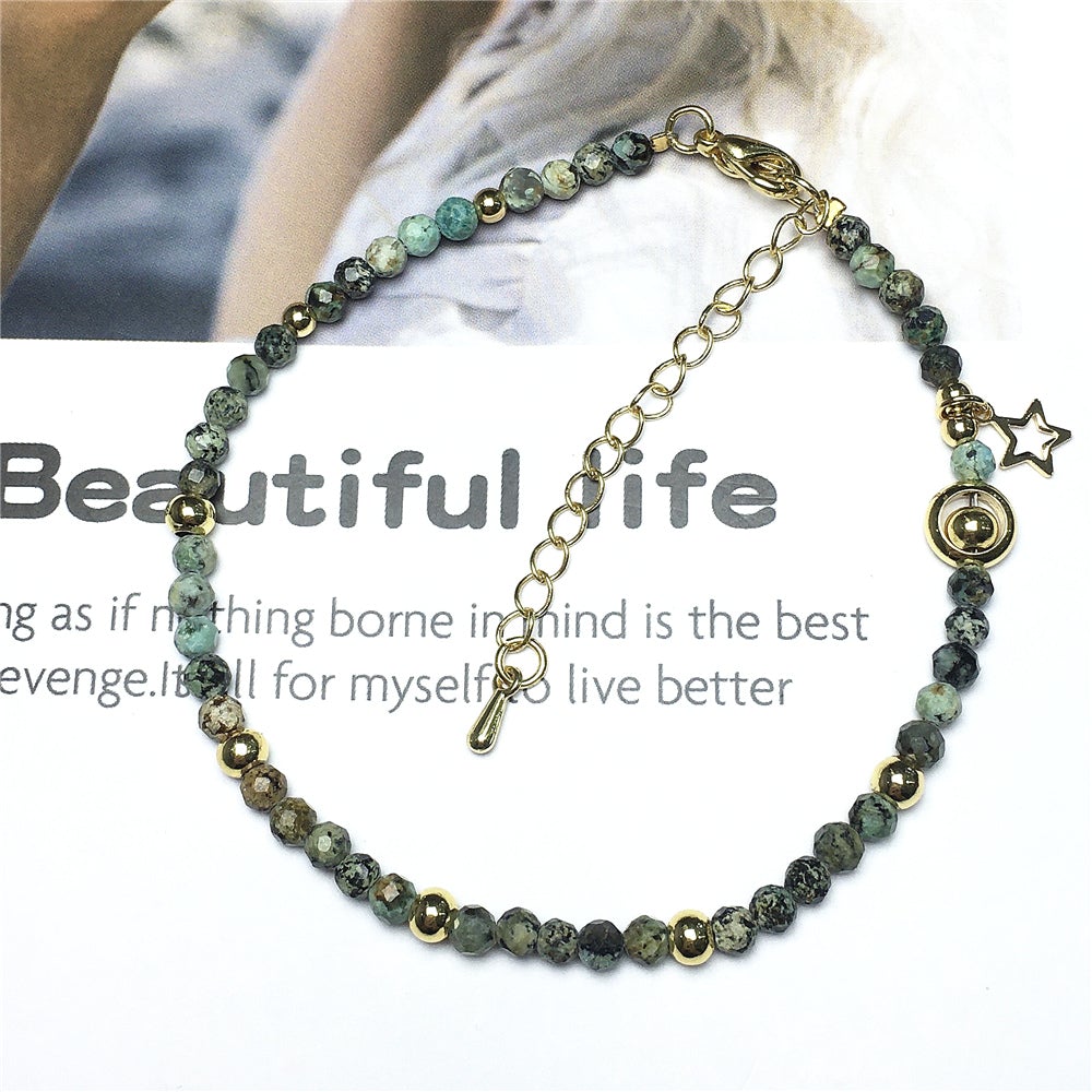 African Turquoise Gemstone Adjustable Tiny Beads Gemstone Bracelet with Love Heart Charm