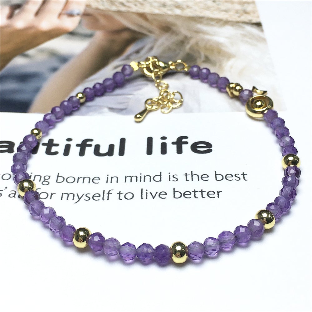 Amethyst Gemstone Adjustable Tiny Beads Gemstone Bracelet with Love Heart Charm