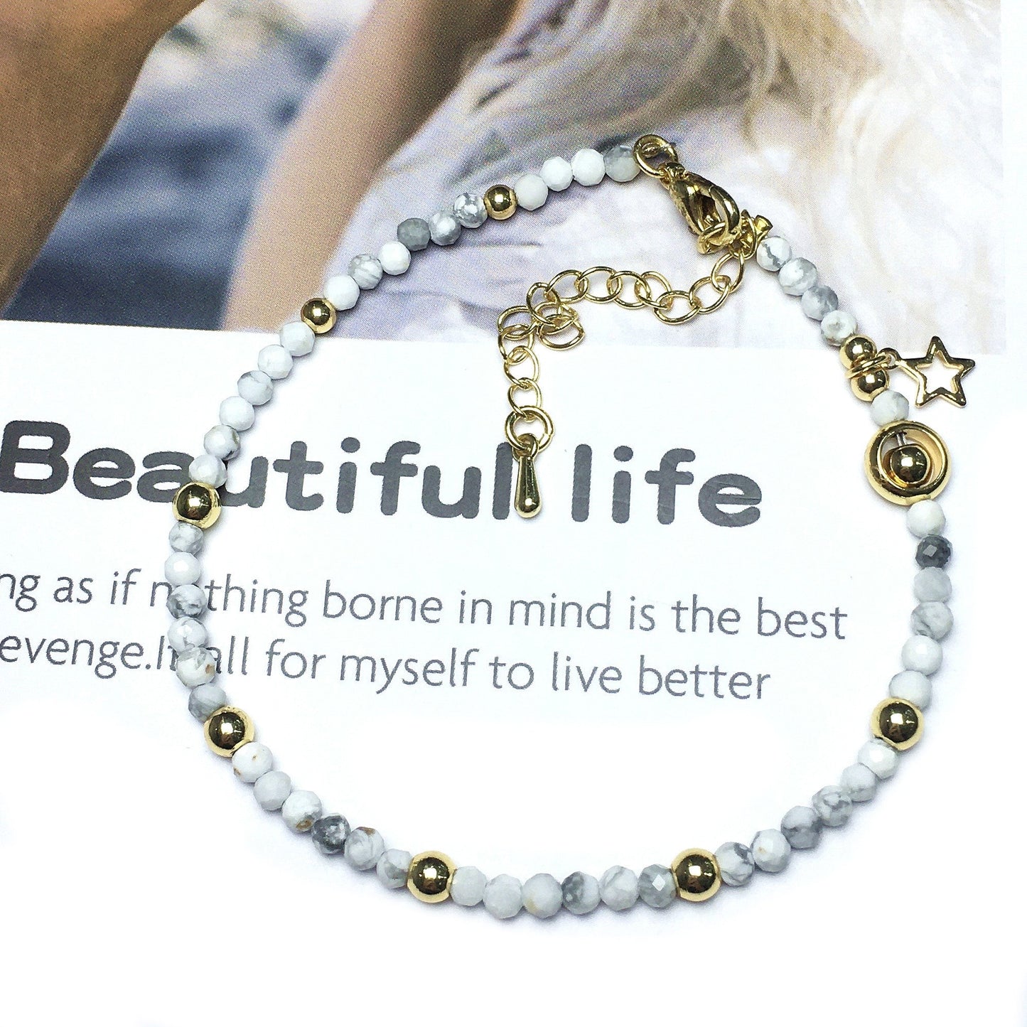 Howlite Gemstone Adjustable Tiny Beads Gemstone Bracelet with Love Heart Charm