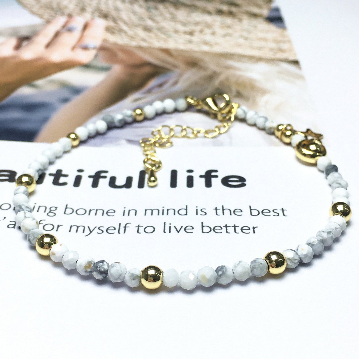 Howlite Gemstone Adjustable Tiny Beads Gemstone Bracelet with Love Heart Charm