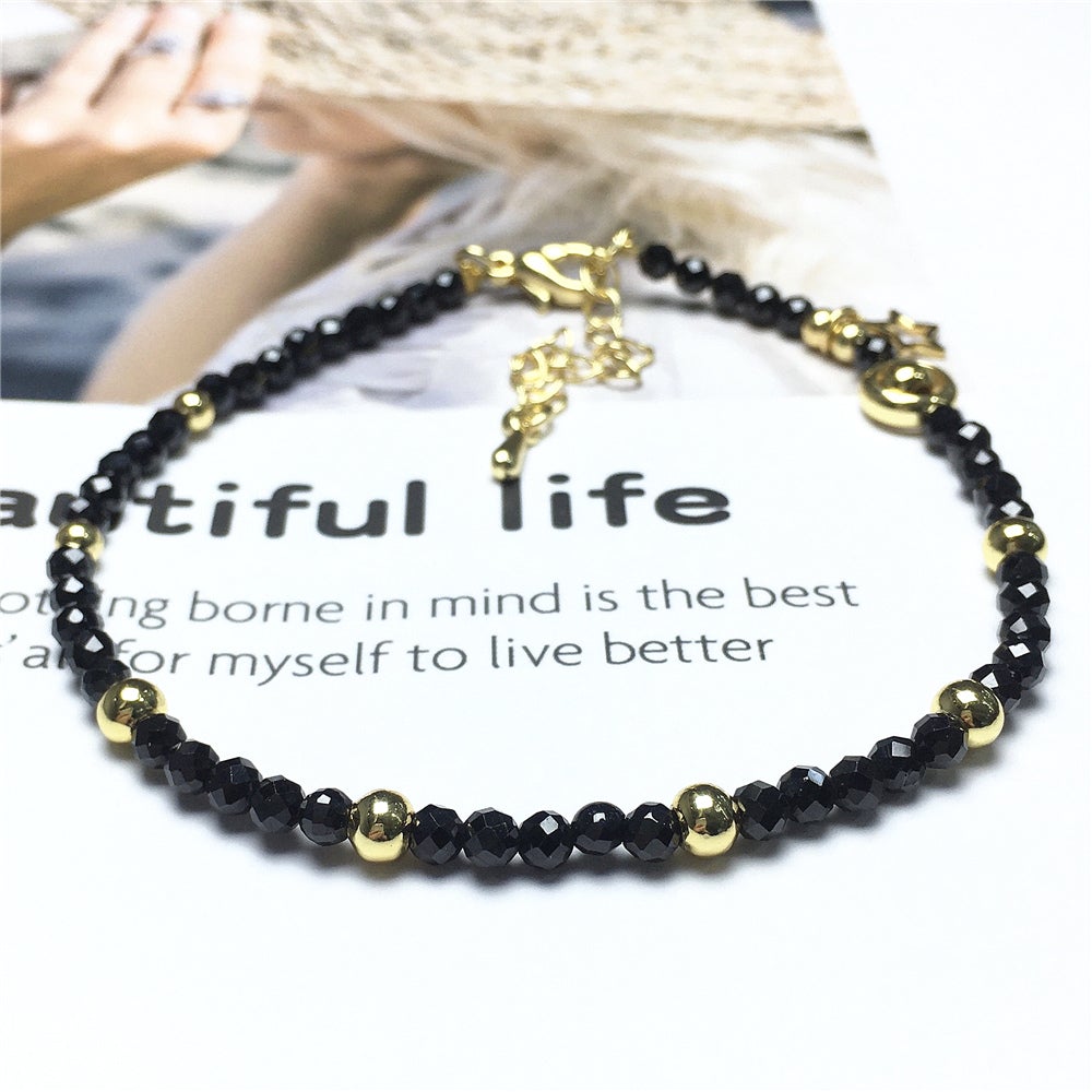 Black Spinel Gemstone Adjustable Tiny Beads Gemstone Bracelet with Love Heart Charm