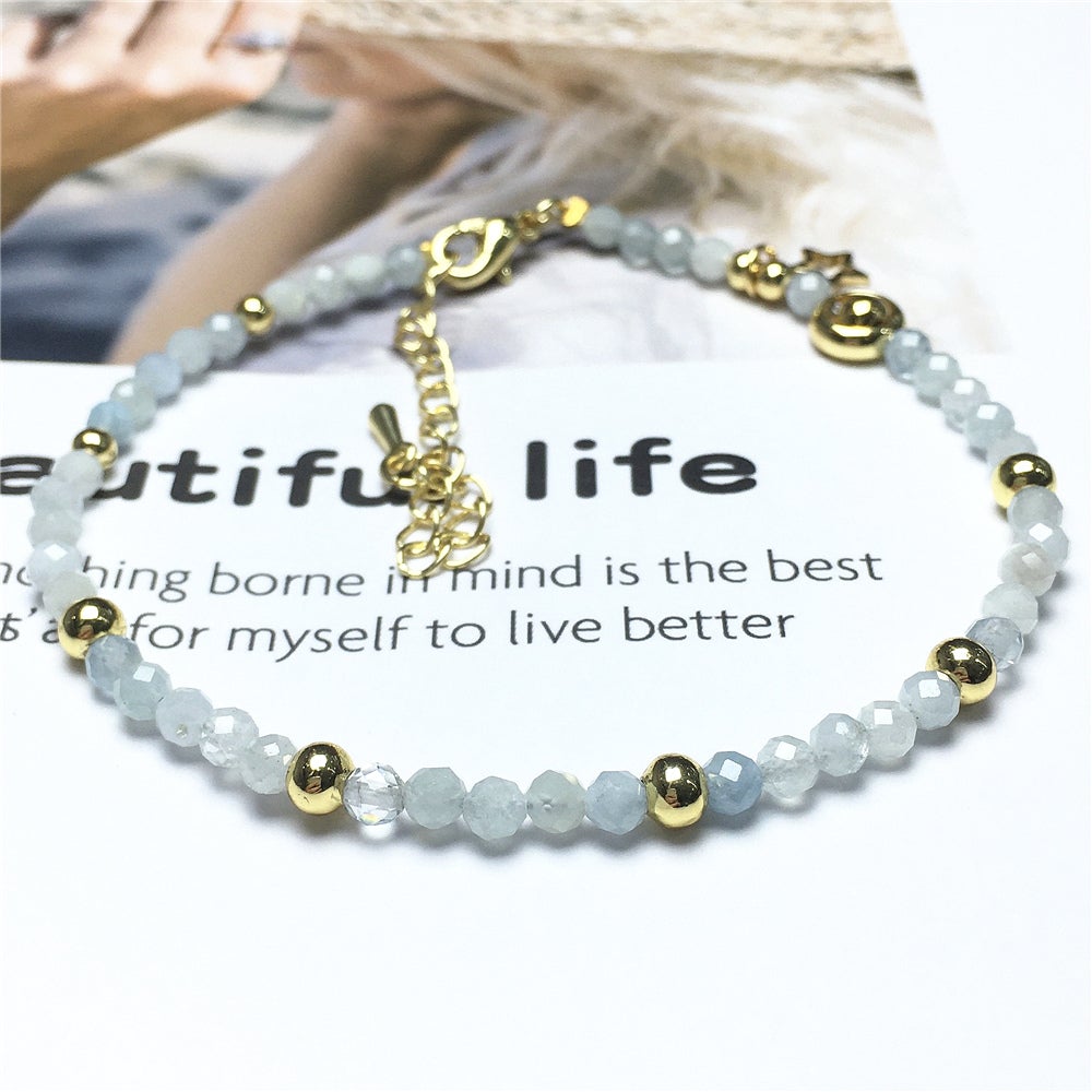 Aquamarine Gemstone Adjustable Tiny Beads Gemstone Bracelet with Love Heart Charm