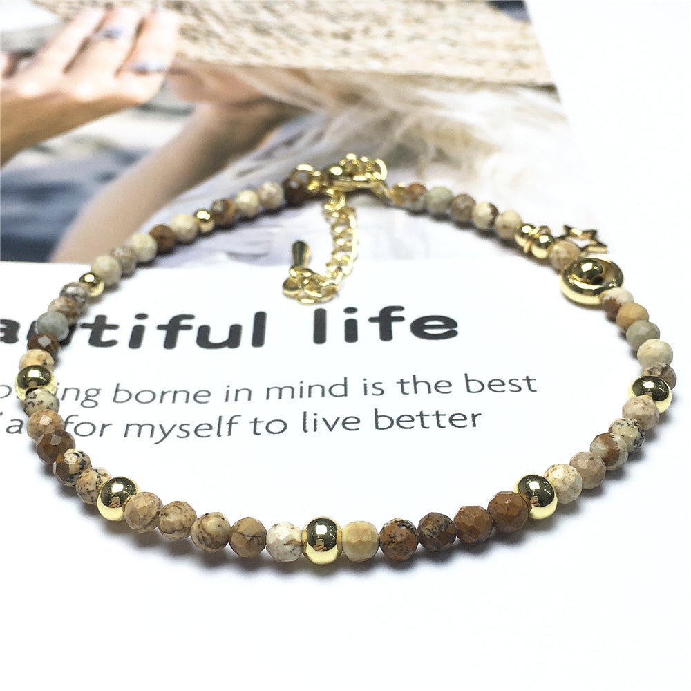 Picture Jasper Gemstone Adjustable Tiny Beads Gemstone Bracelet with Love Heart Charm