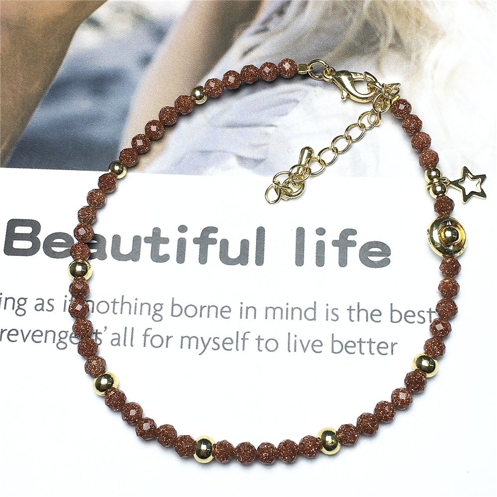 Gold Sandstone Gemstone Adjustable Tiny Beads Gemstone Bracelet with Love Heart Charm
