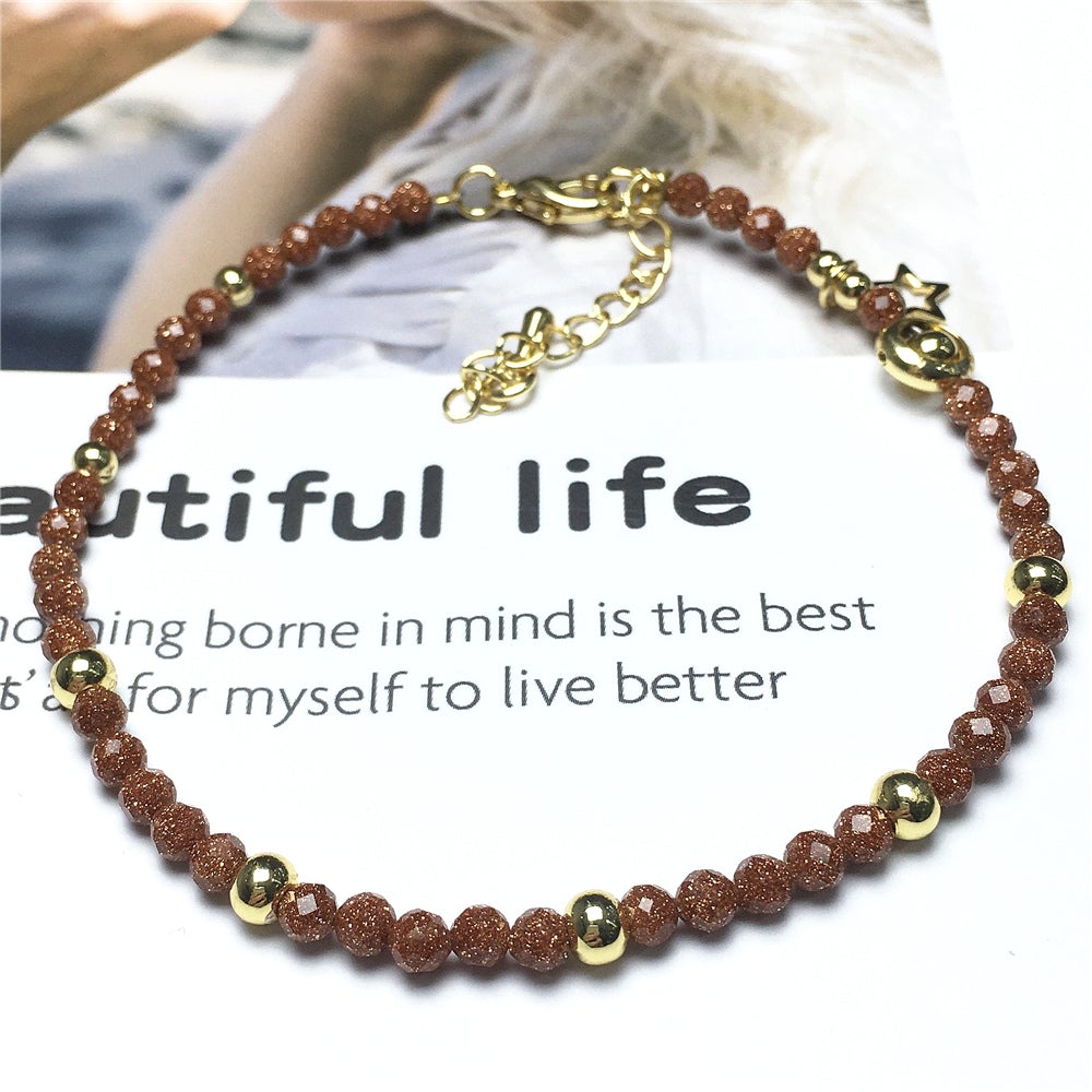 Gold Sandstone Gemstone Adjustable Tiny Beads Gemstone Bracelet with Love Heart Charm