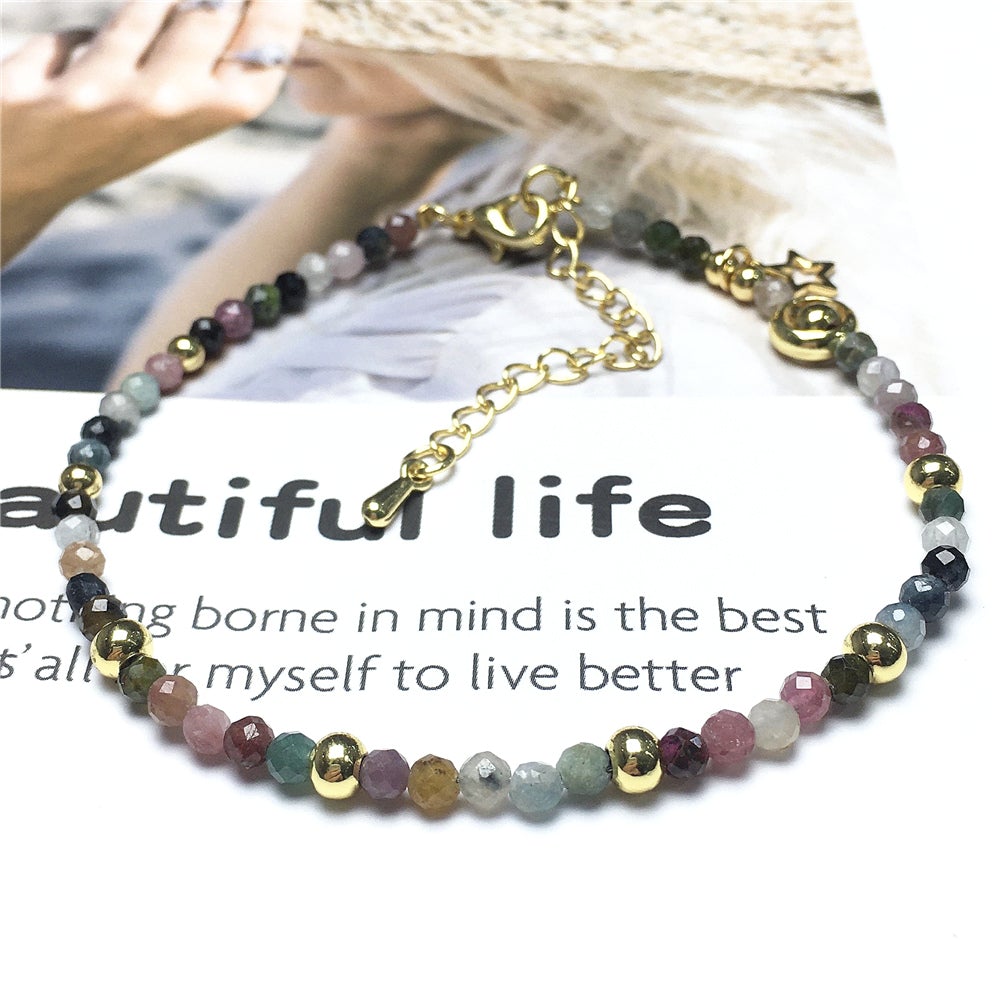 Tourmaline Gemstone Adjustable Tiny Beads Gemstone Bracelet with Star Charm