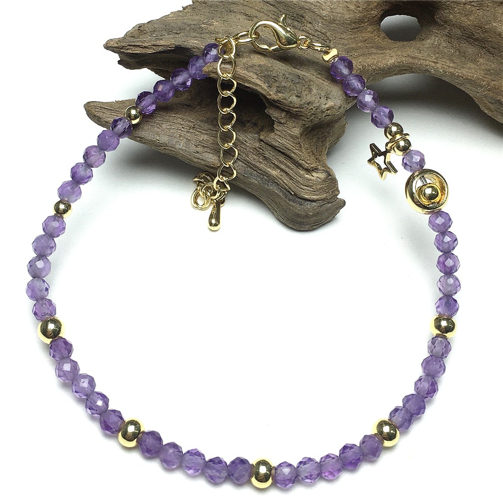 Amethyst Gemstone Adjustable Tiny Beads Gemstone Bracelet with Love Heart Charm