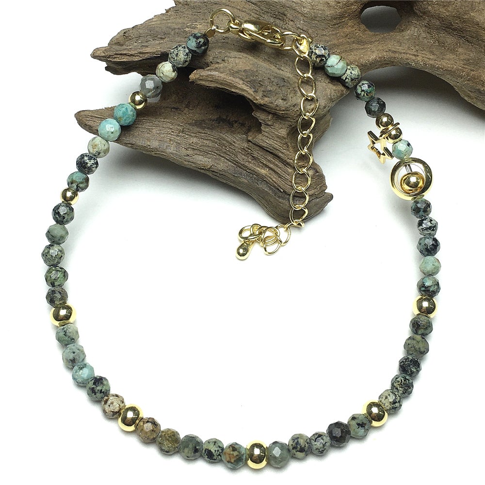 African Turquoise Gemstone Adjustable Tiny Beads Gemstone Bracelet with Love Heart Charm