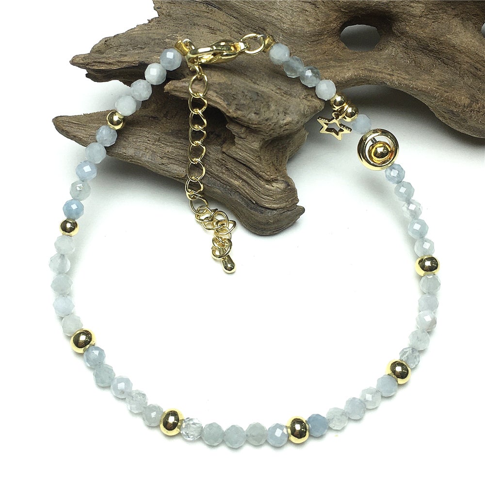 Aquamarine Gemstone Adjustable Tiny Beads Gemstone Bracelet with Love Heart Charm