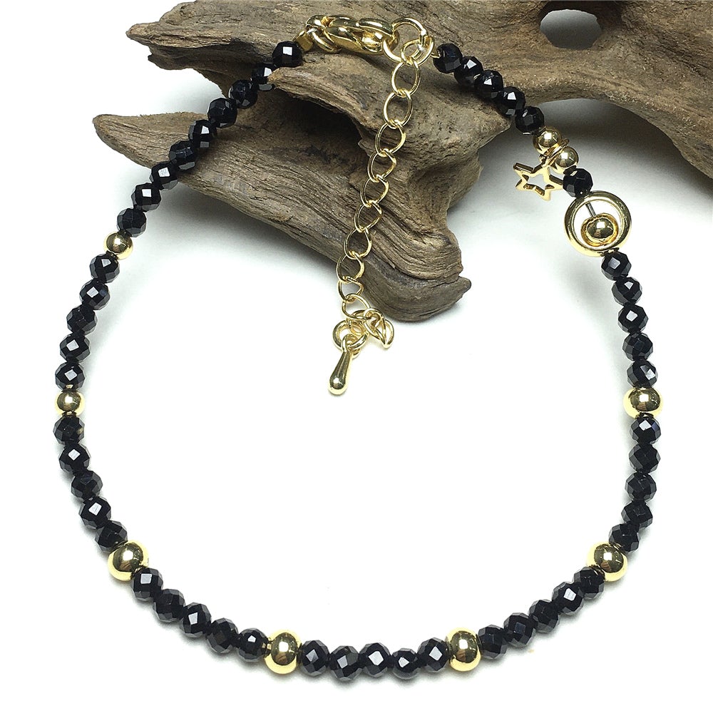 Black Spinel Gemstone Adjustable Tiny Beads Gemstone Bracelet with Love Heart Charm