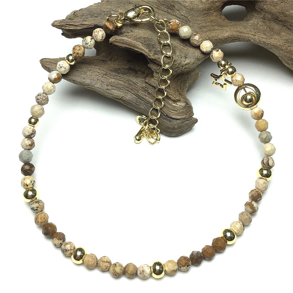 Picture Jasper Gemstone Adjustable Tiny Beads Gemstone Bracelet with Love Heart Charm