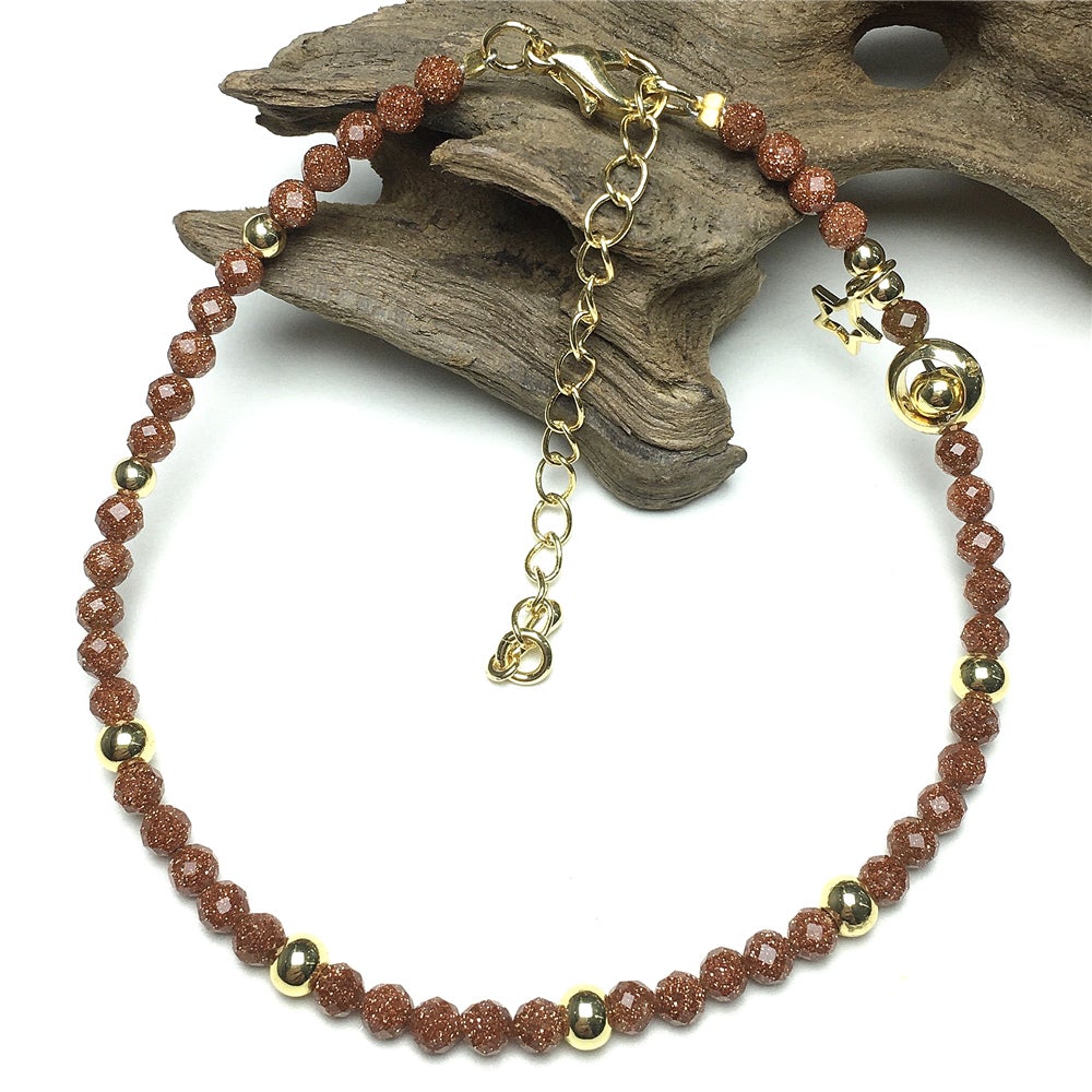 Gold Sandstone Gemstone Adjustable Tiny Beads Gemstone Bracelet with Love Heart Charm