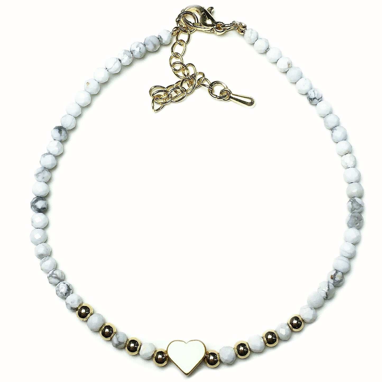 Howlite Gemstone Adjustable tiny Beads Gemstone Bracelet with Love Heart Charm