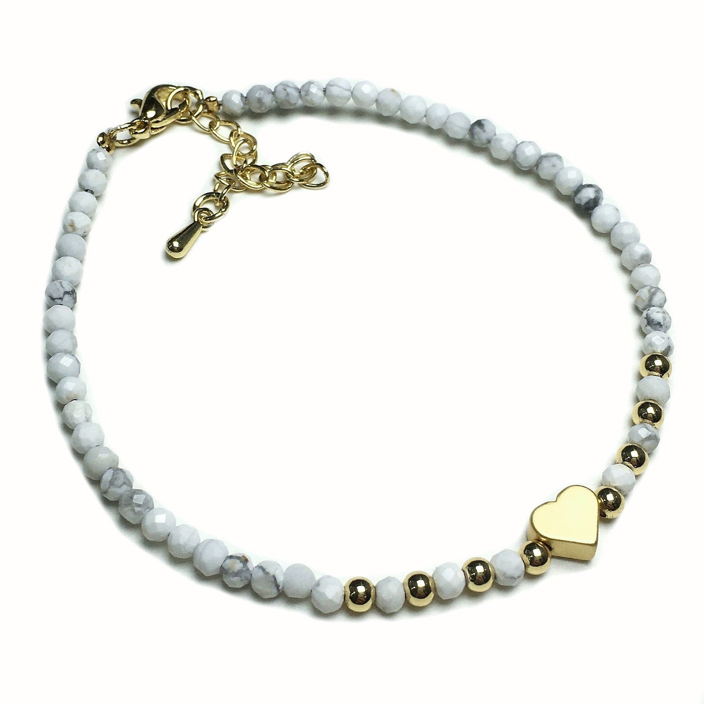 Howlite Gemstone Adjustable tiny Beads Gemstone Bracelet with Love Heart Charm