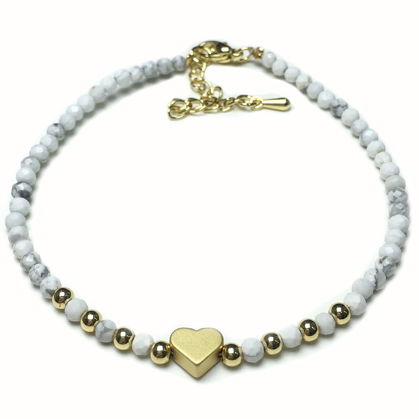 Howlite Gemstone Adjustable tiny Beads Gemstone Bracelet with Love Heart Charm