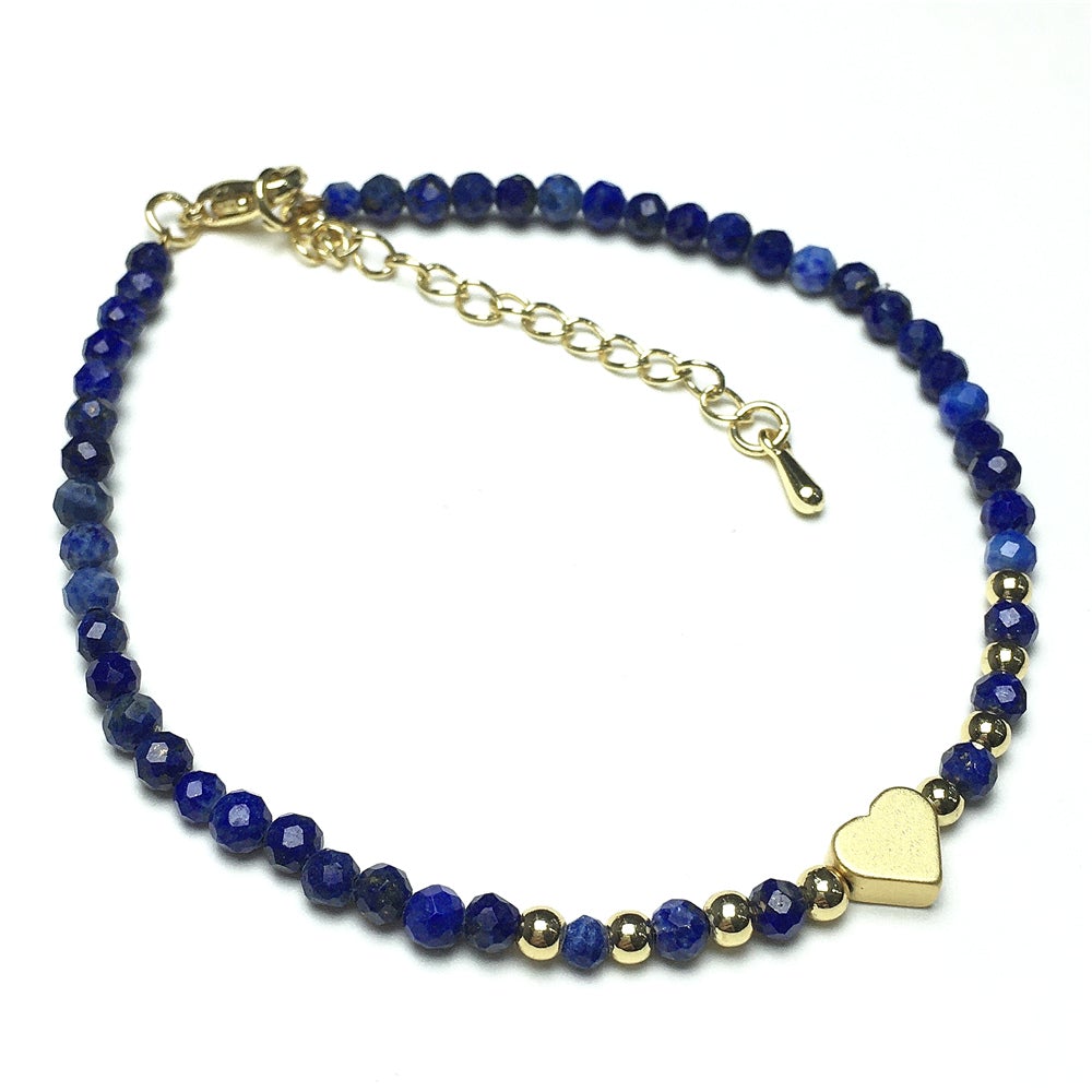 Lapis Lazuli Gemstone Adjustable Tiny Beads Gemstone Bracelet with Love Heart Charm