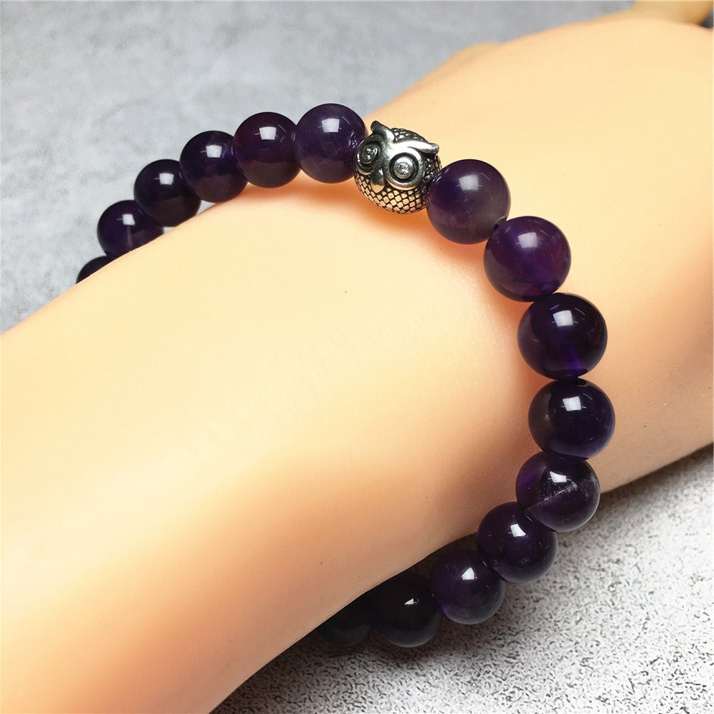 Natural Gemstone Amethyst Handmade Beaded Bracelet Adjustable Bracelet Owl Design