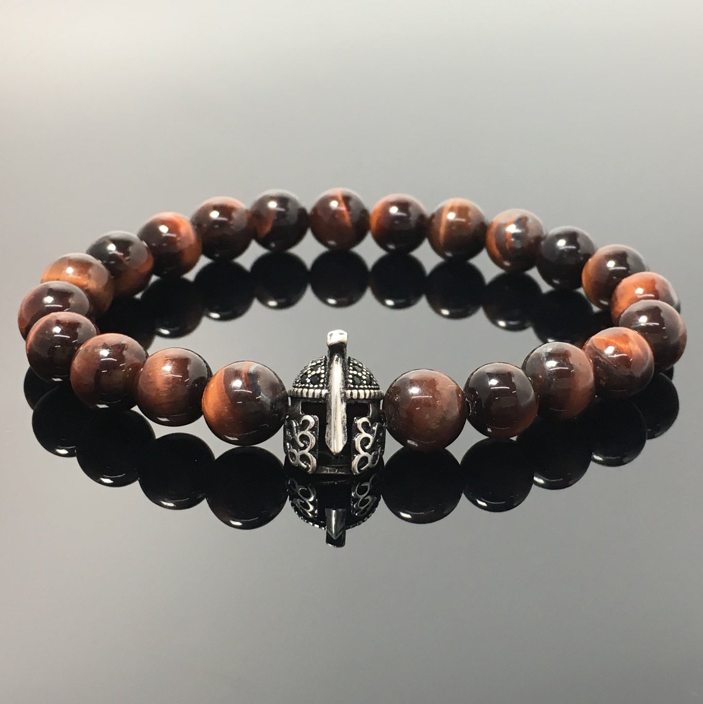 Red Tiger Eye Gemstone Beaded Bracelet Elastic Stretch Bracelet Spartan Helmet Design