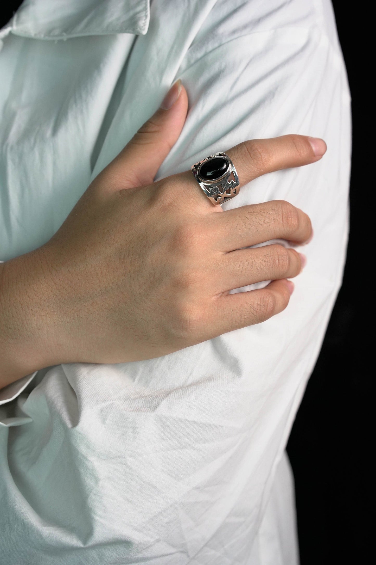 Classic Black Onyx 925 Sterling Silver Retro Ring