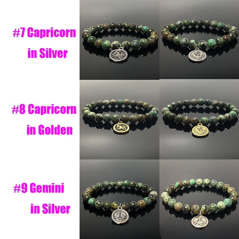 African Turquoise Bead Zodiac Bracelet Horoscope Charm Gemstone Stretchy Bracelet Celestial Astrology Constellation Jewelry