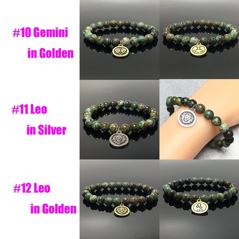 African Turquoise Bead Zodiac Bracelet Horoscope Charm Gemstone Stretchy Bracelet Celestial Astrology Constellation Jewelry