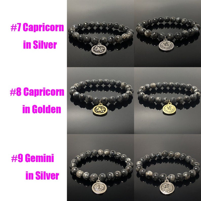 Black Labradorite Bead Zodiac Bracelet Horoscope Charm Gemstone Stretchy Bracelet Celestial Astrology Constellation Jewelry