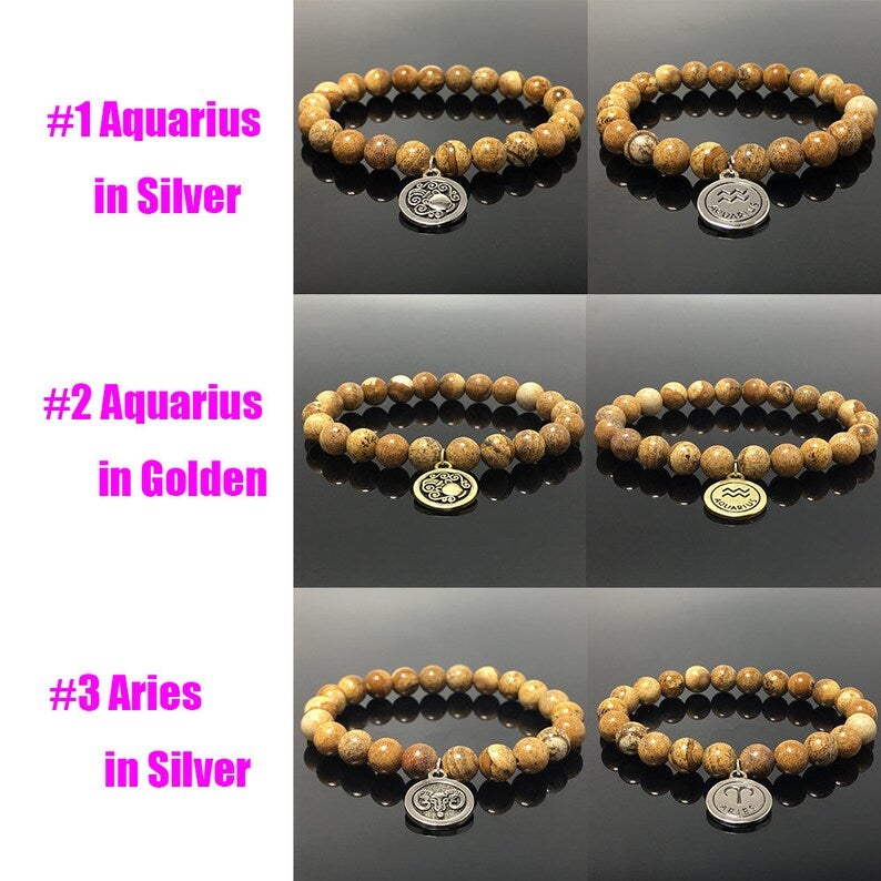 Picture Jasper Beads Zodiac Bracelet Horoscope HD Charm Stretchy Gemstone Bracelet Celestial Astrology Constellation Jewelry Birthstone Gift