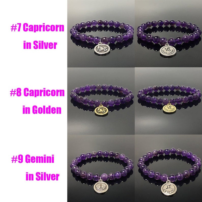 Purple Amethyst Bead Zodiac Bracelet Horoscope HD Charm Stretchy Gemstone Bracelet Celestial Astrology Constellation Jewelry