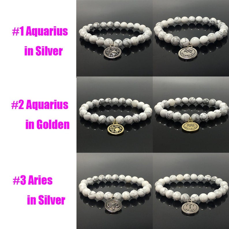 8mm Howlite Beads Zodiac Bracelet Horoscope HD Charm Stretchy Gemstone Bracelet Celestial Astrology Constellation Jewelry