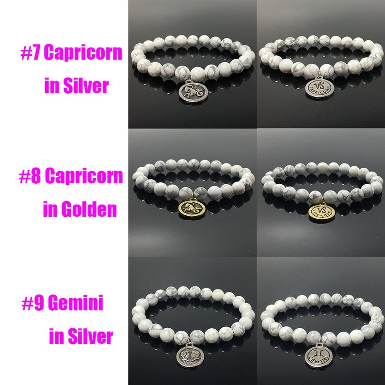 8mm Howlite Beads Zodiac Bracelet Horoscope HD Charm Stretchy Gemstone Bracelet Celestial Astrology Constellation Jewelry