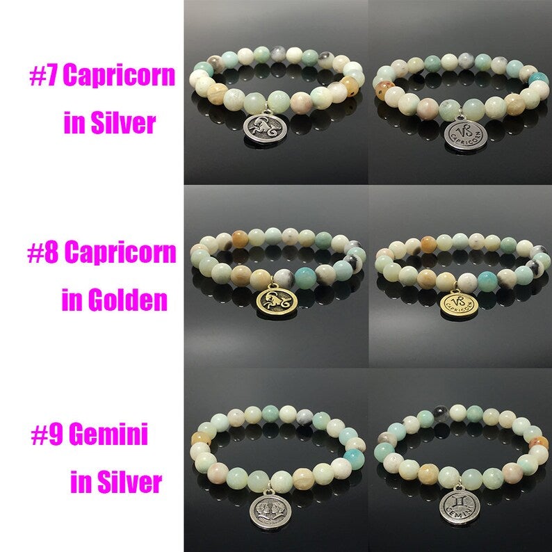8mm Amazonite Beads Zodiac Bracelet Horoscope HD Charm Stretchy Gemstone Bracelet Celestial Astrology Constellation Jewelry Birthstone Gift