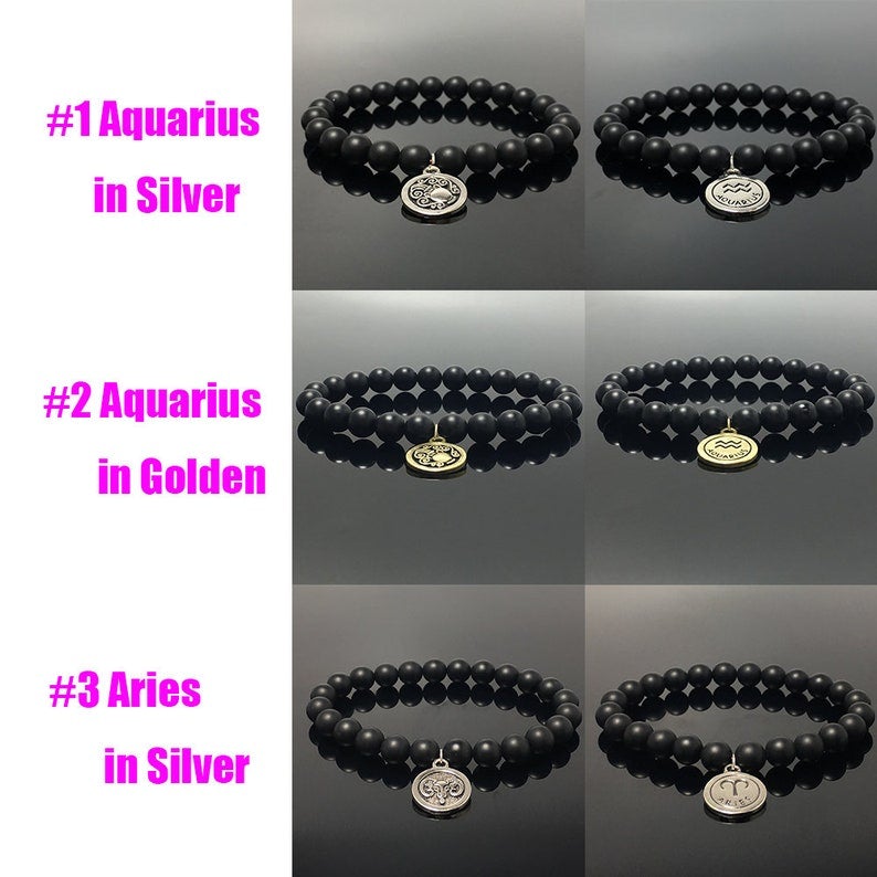 Matted Black Onyx Beads Zodiac Bracelet Horoscope Charm Stretchy Gemstone Bracelet Celestial Astrology Constellation Jewelry Birthstone Gift