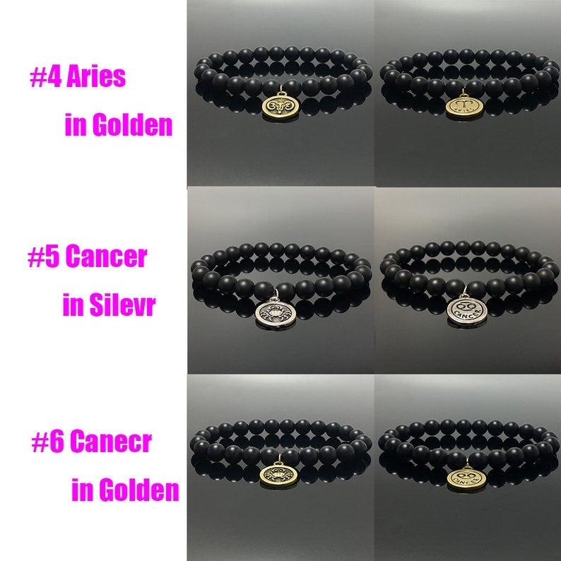 Matted Black Onyx Beads Zodiac Bracelet Horoscope Charm Stretchy Gemstone Bracelet Celestial Astrology Constellation Jewelry Birthstone Gift