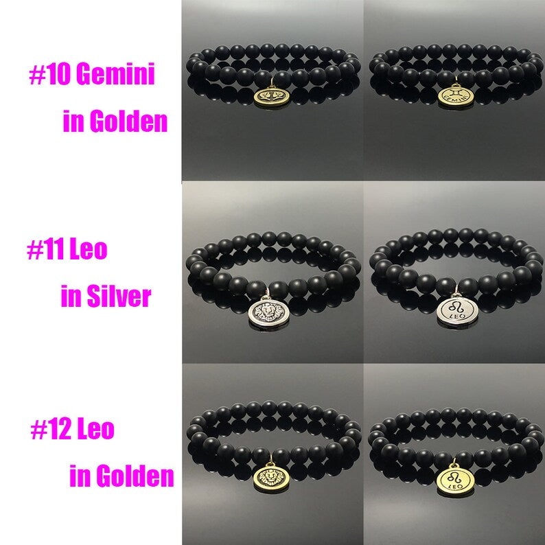 Matted Black Onyx Beads Zodiac Bracelet Horoscope Charm Stretchy Gemstone Bracelet Celestial Astrology Constellation Jewelry Birthstone Gift