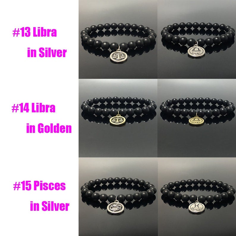Matted Black Onyx Beads Zodiac Bracelet Horoscope Charm Stretchy Gemstone Bracelet Celestial Astrology Constellation Jewelry Birthstone Gift