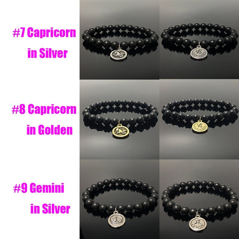 Matted Black Onyx Beads Zodiac Bracelet Horoscope Charm Stretchy Gemstone Bracelet Celestial Astrology Constellation Jewelry Birthstone Gift