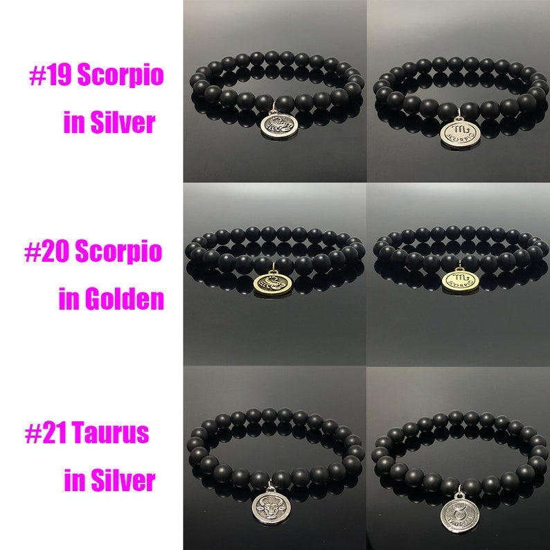 Matted Black Onyx Beads Zodiac Bracelet Horoscope Charm Stretchy Gemstone Bracelet Celestial Astrology Constellation Jewelry Birthstone Gift