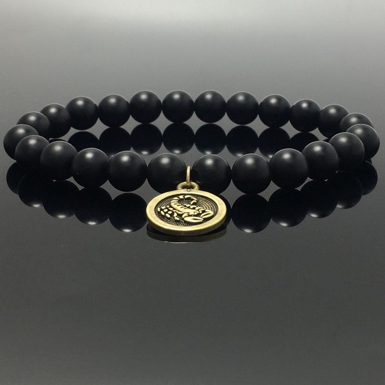 Matted Black Onyx Beads Zodiac Bracelet Horoscope Charm Stretchy Gemstone Bracelet Celestial Astrology Constellation Jewelry Birthstone Gift