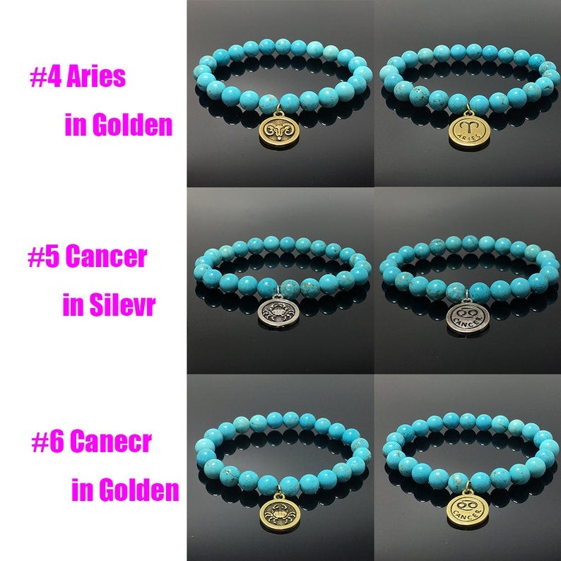 8mm Blue Turquoise Bead Zodiac Bracelet Horoscope Charm Stretchy Gemstone Bracelet Celestial Astrology Constellation Jewelry Birthstone Gift