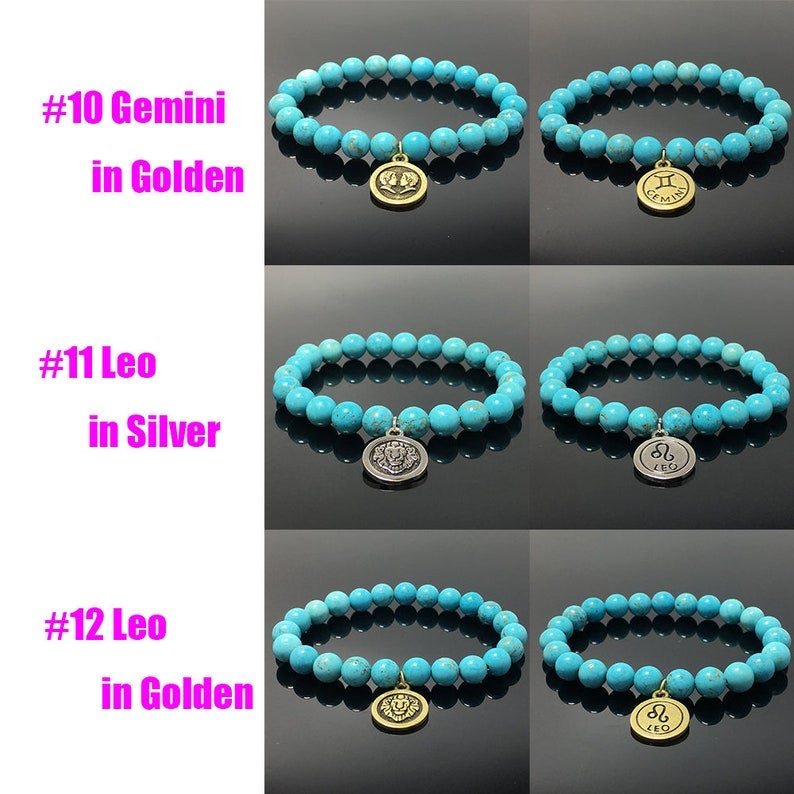 8mm Blue Turquoise Bead Zodiac Bracelet Horoscope Charm Stretchy Gemstone Bracelet Celestial Astrology Constellation Jewelry Birthstone Gift