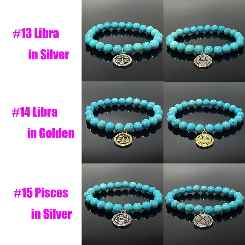 8mm Blue Turquoise Bead Zodiac Bracelet Horoscope Charm Stretchy Gemstone Bracelet Celestial Astrology Constellation Jewelry Birthstone Gift