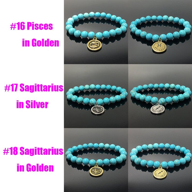 8mm Blue Turquoise Bead Zodiac Bracelet Horoscope Charm Stretchy Gemstone Bracelet Celestial Astrology Constellation Jewelry Birthstone Gift